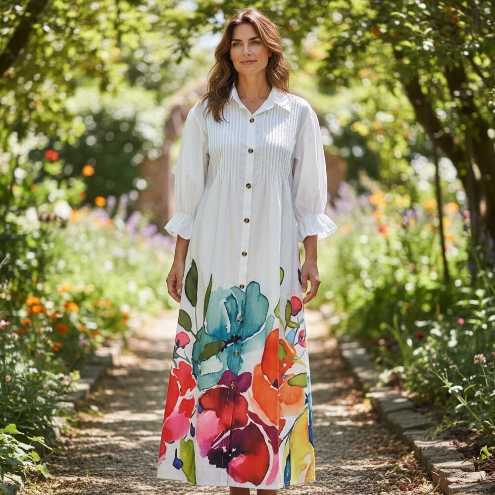 White Shirt Dress with Bright Watercolor Flowers‎ Summer L #290G